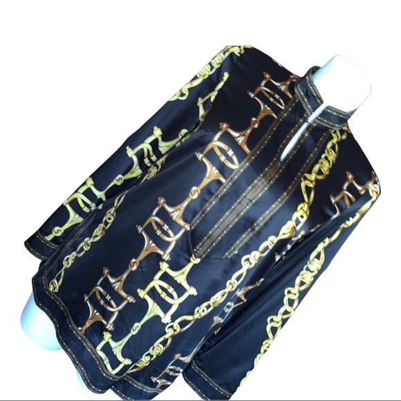 ECI New York Chain Print Satin Blouse Black Gold Long Sleeve Tunic Top 14 - Picture 4 of 16